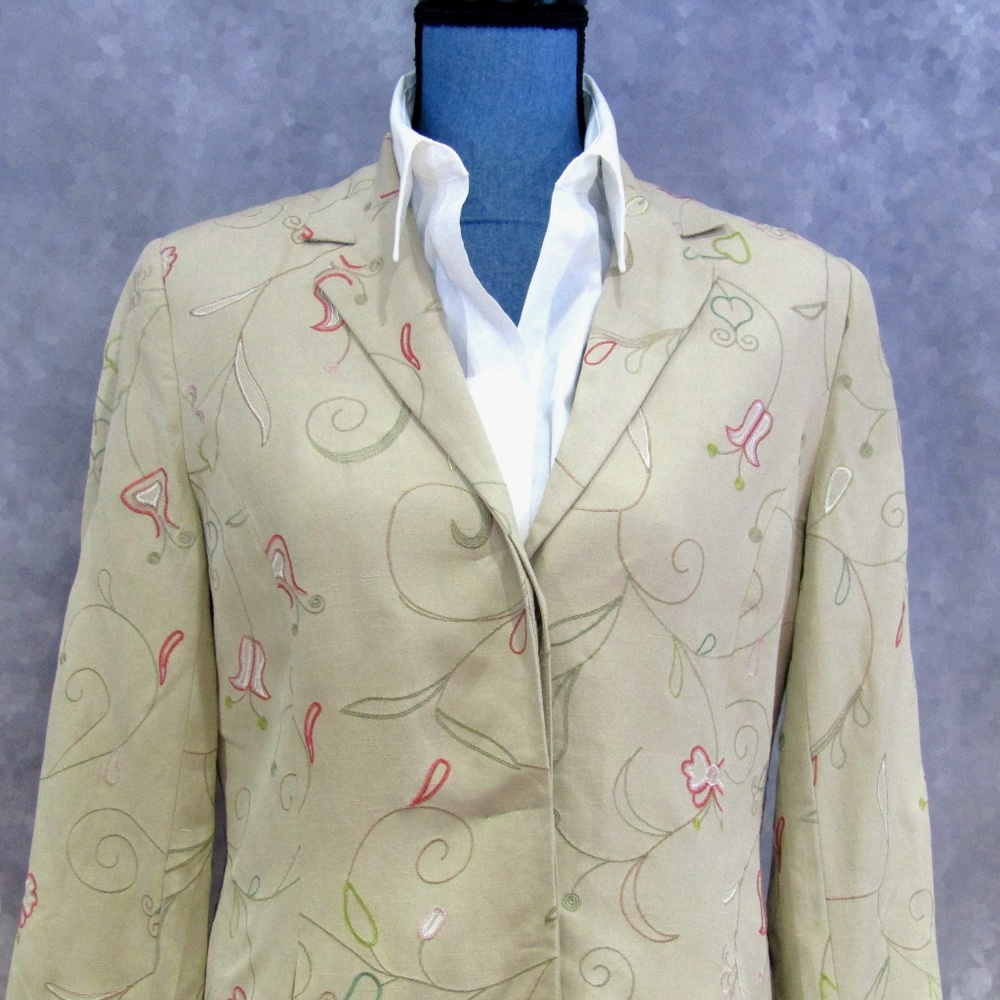 Vintage Silk & Linen Long Blazer Embroidered Sz 8 - Picture 3 of 6